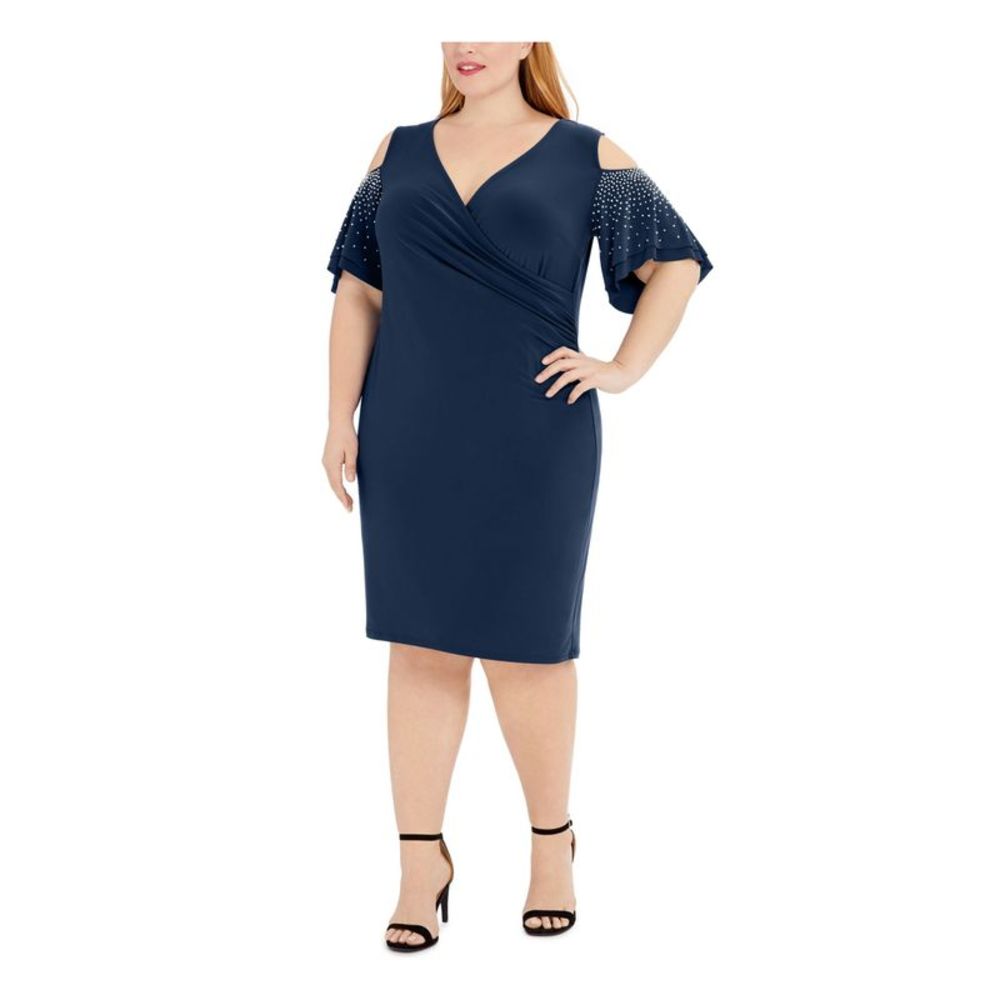 MSK WOMEN Womens Navy Short Sleeve Below The Knee Party Sheath Dress Plus 1X